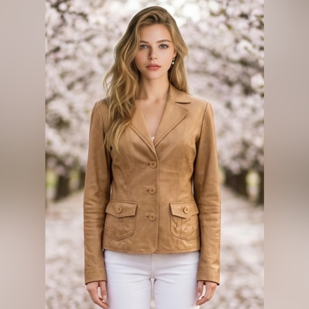 Suzy Shier Tan Leather Button-Front Blazer